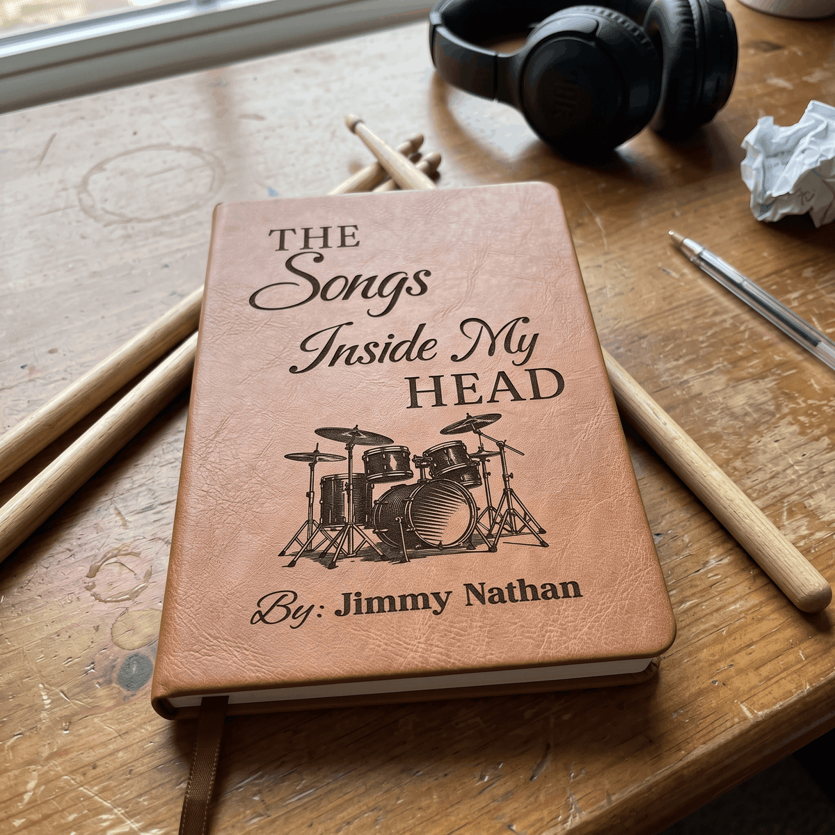 Personalized Drummer Journal | "The Songs Inside My Head" Custom Leather Notebook & Songwriting Gift