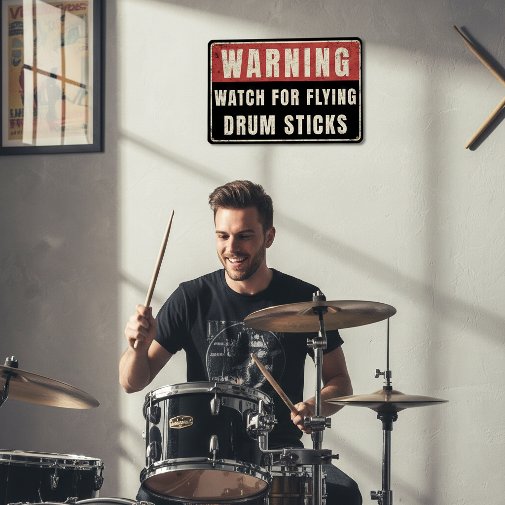 Flying Drum Sticks Metal Sign