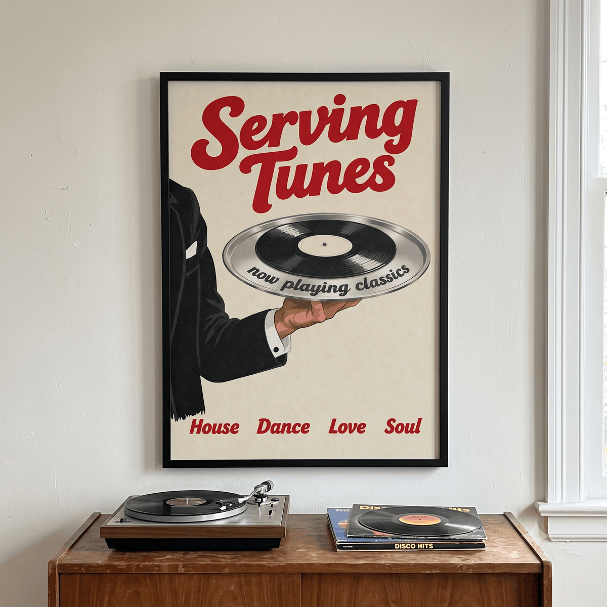 Serving Tunes Art Print – Retro Butler Vinyl Record Music Wall Art & Framed Aesthetic Decor