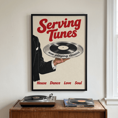 Serving Tunes Art Print – Retro Butler Vinyl Record Music Wall Art & Framed Aesthetic Decor