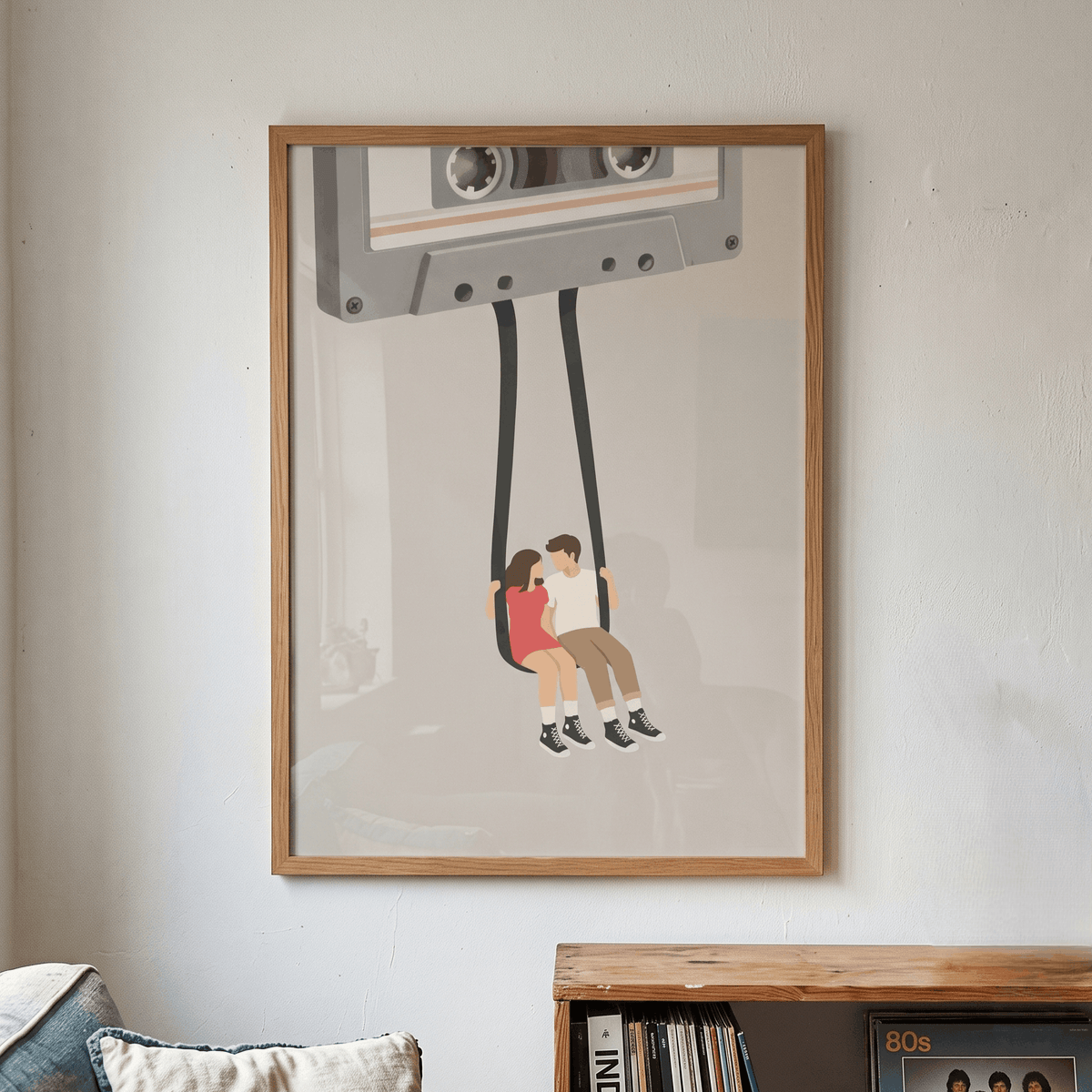 Cassette Tape Swing Art Print – Retro Mixtape Couple Music Wall Art & Framed Aesthetic Decor
