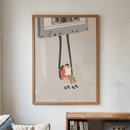 Cassette Tape Swing Art Print – Retro Mixtape Couple Music Wall Art & Framed Aesthetic Decor