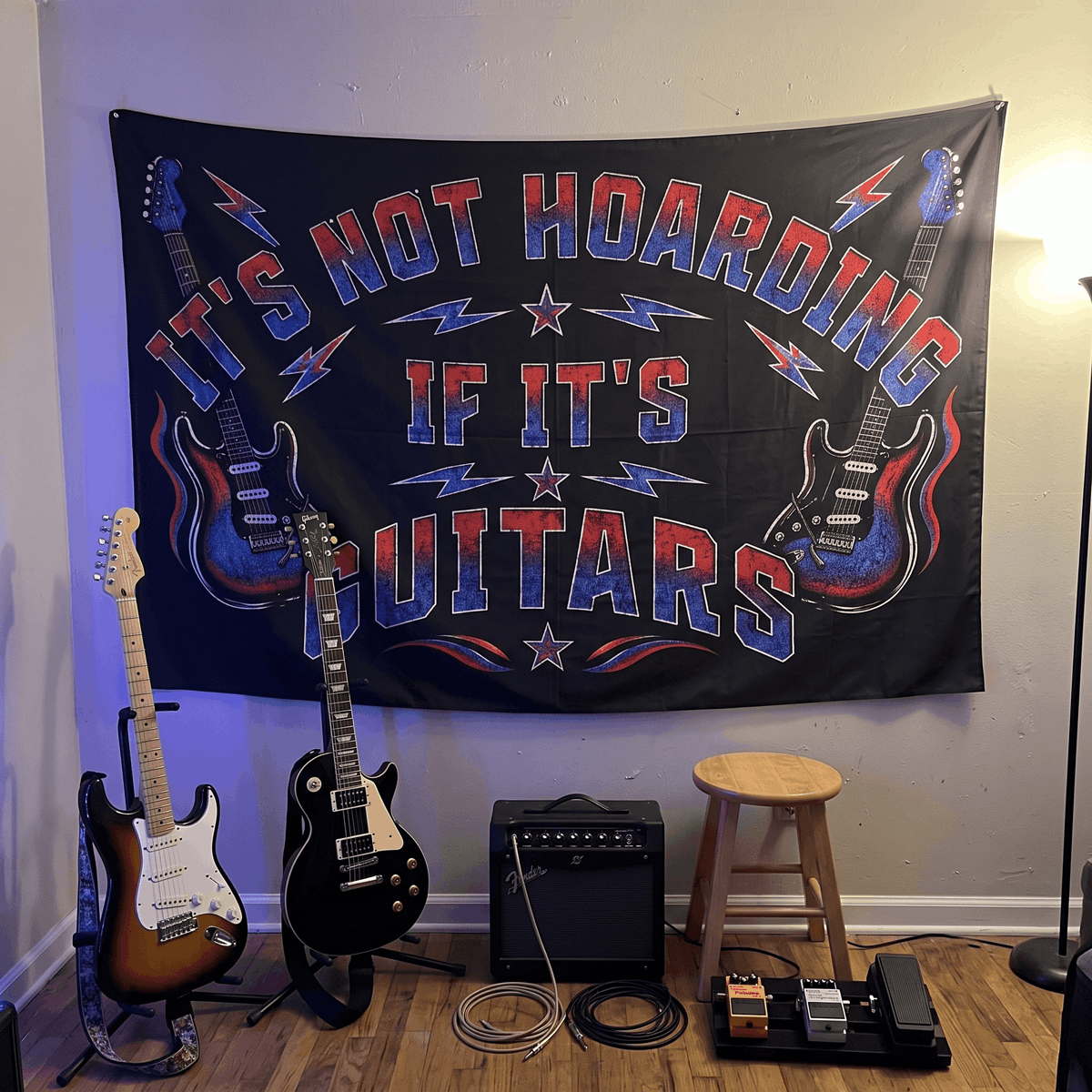 Funny Guitar Wall Tapestry | "It's Not Hoarding If It's Guitars" Music Room Decor & Musician Gift