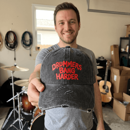 Funny Drummer Dad Hat | "Drummers Bang Harder" Vintage Distressed Washed Baseball Cap