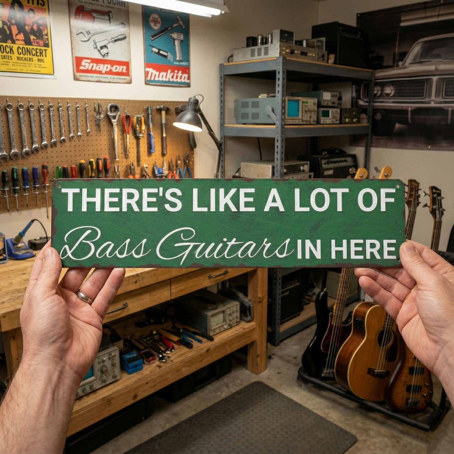 There's Like A Lot Of Bass Guitars In Here Metal Sign | Funny Bass Guitar Decor & Unique Gifts For Bass Players Musician Fusion