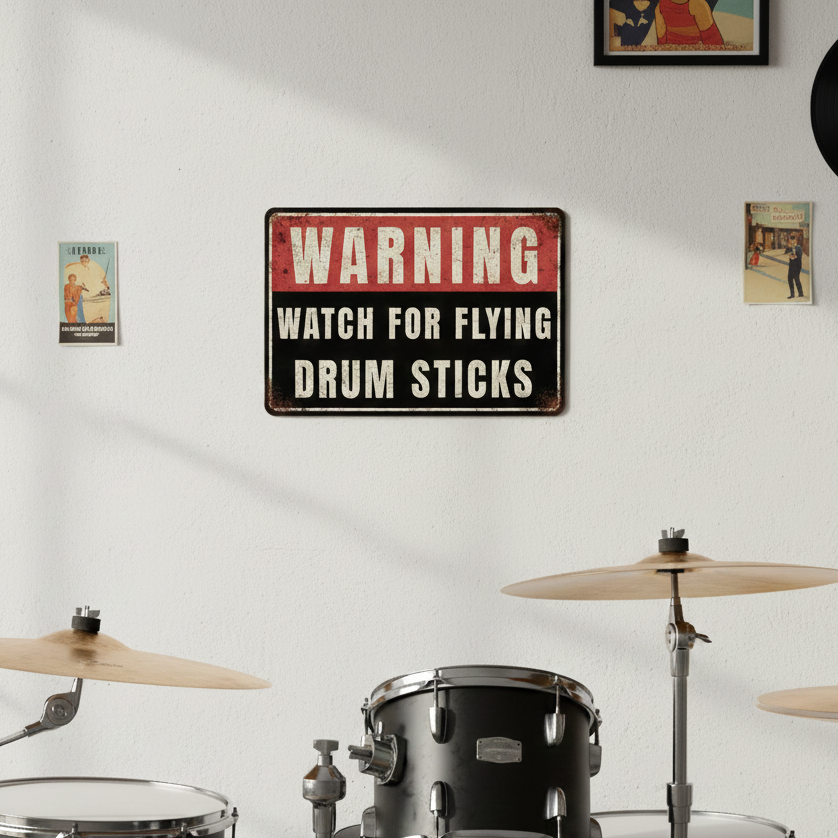 Flying Drum Sticks Metal Sign