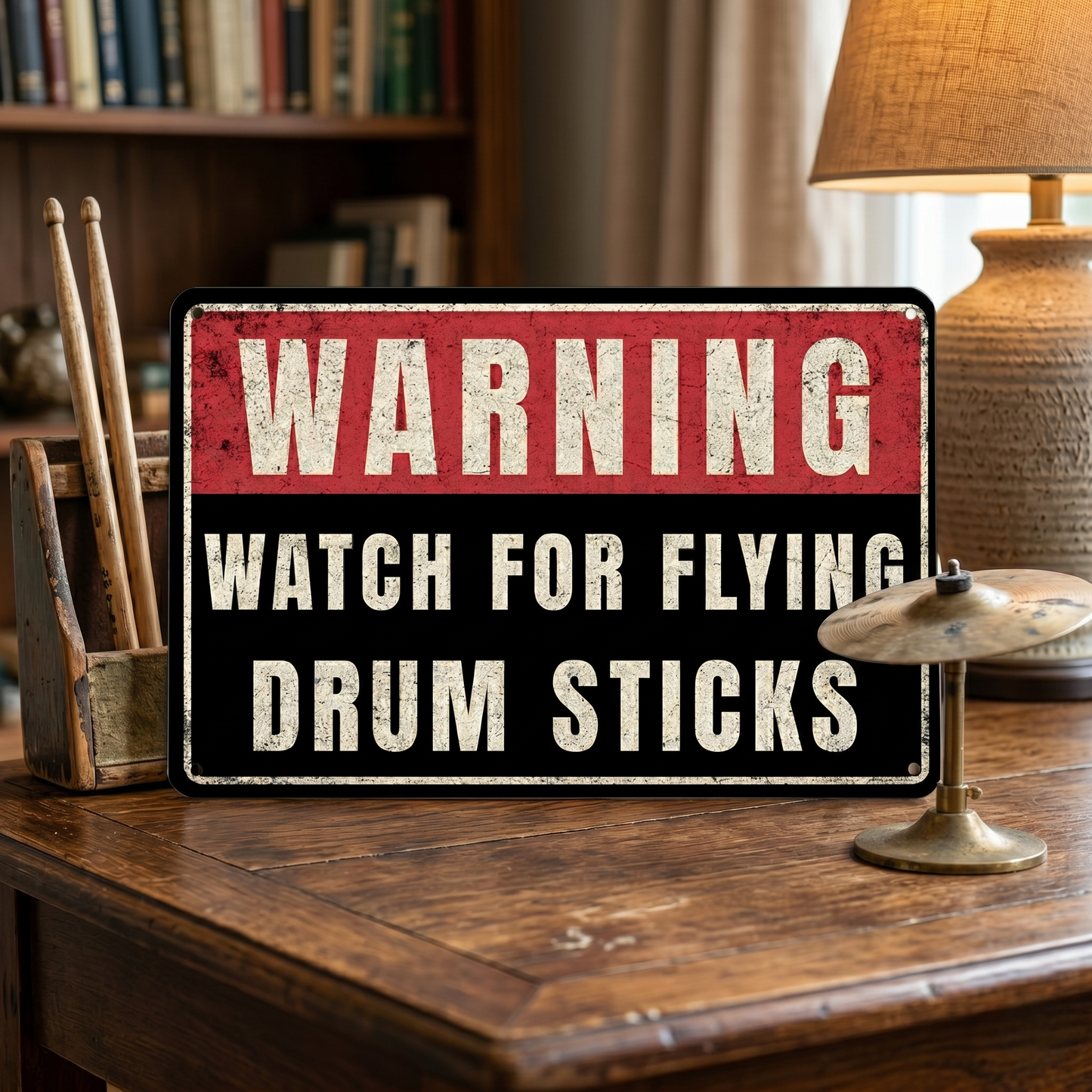 Watch for Flying Drum Sticks Metal Sign | Funny Drummer Gifts & Studio Room Warning Decor Plaque Musician Fusion