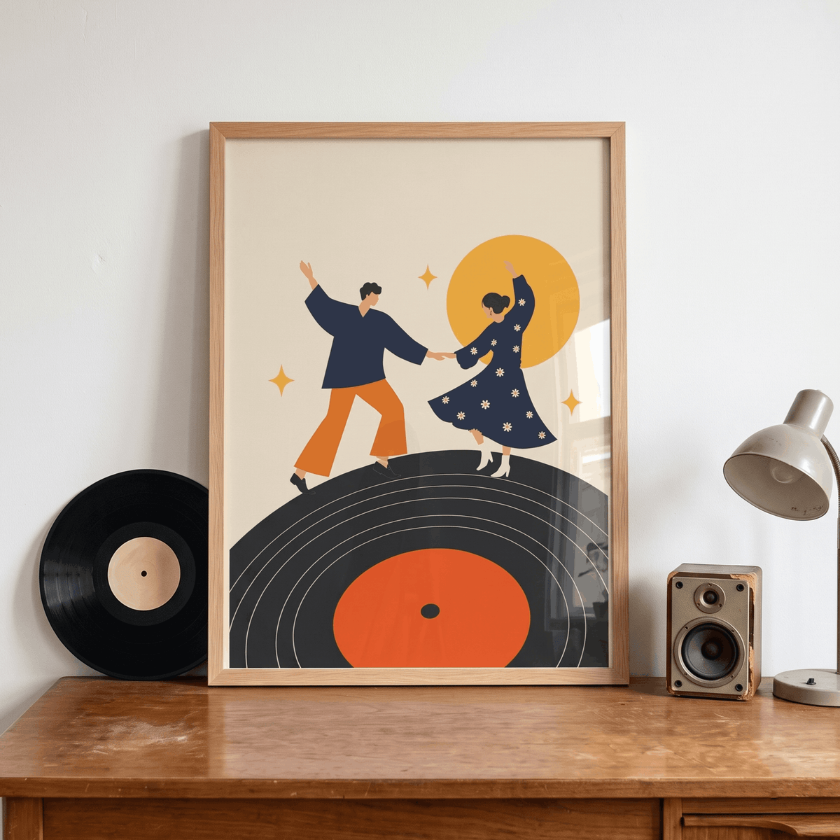 Dancing on Vinyl Art Print – Mid-Century Modern Couple Music Wall Art & Framed Aesthetic Decor