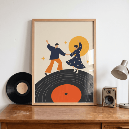Dancing on Vinyl Art Print – Mid-Century Modern Couple Music Wall Art & Framed Aesthetic Decor