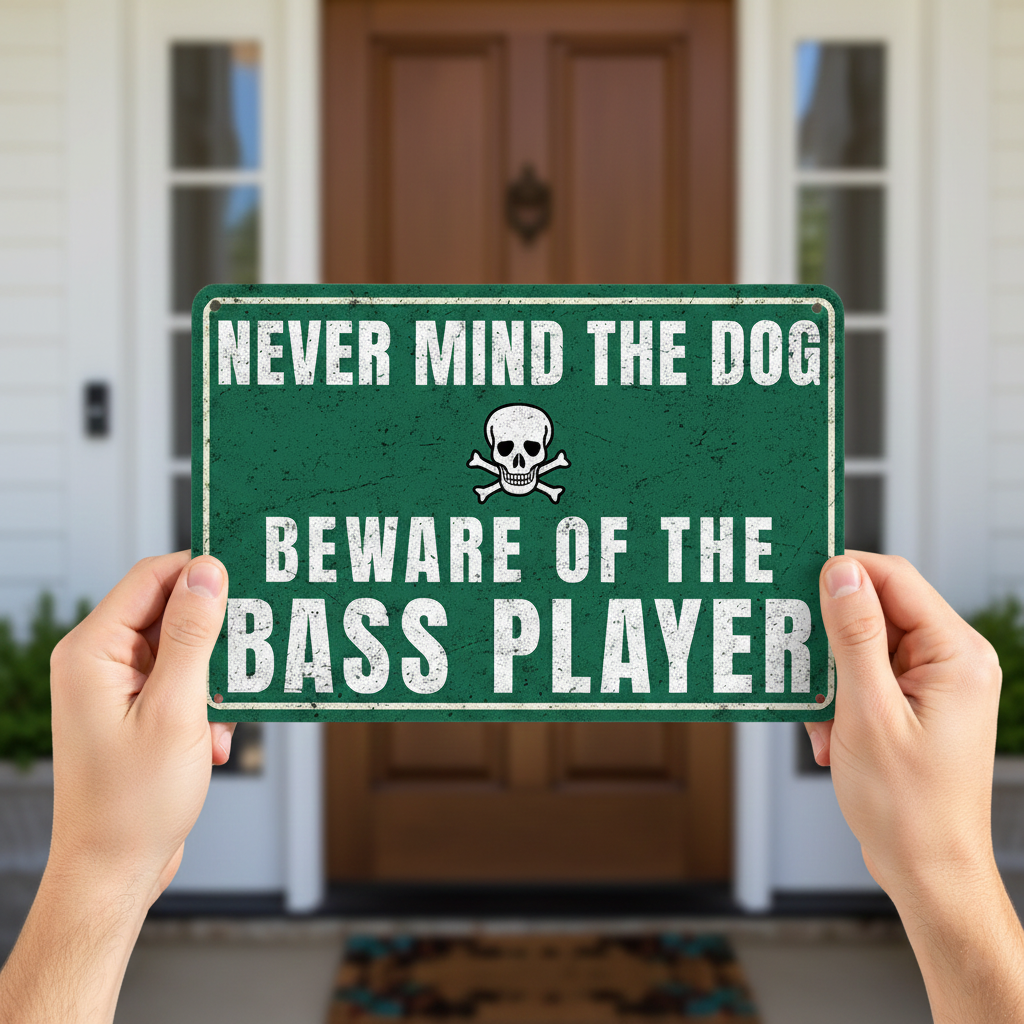 A vintage-style green metal sign with a skull and crossbones icon that reads 'Never mind the dog, beware of the bass player' mounted on a rustic wooden fence.