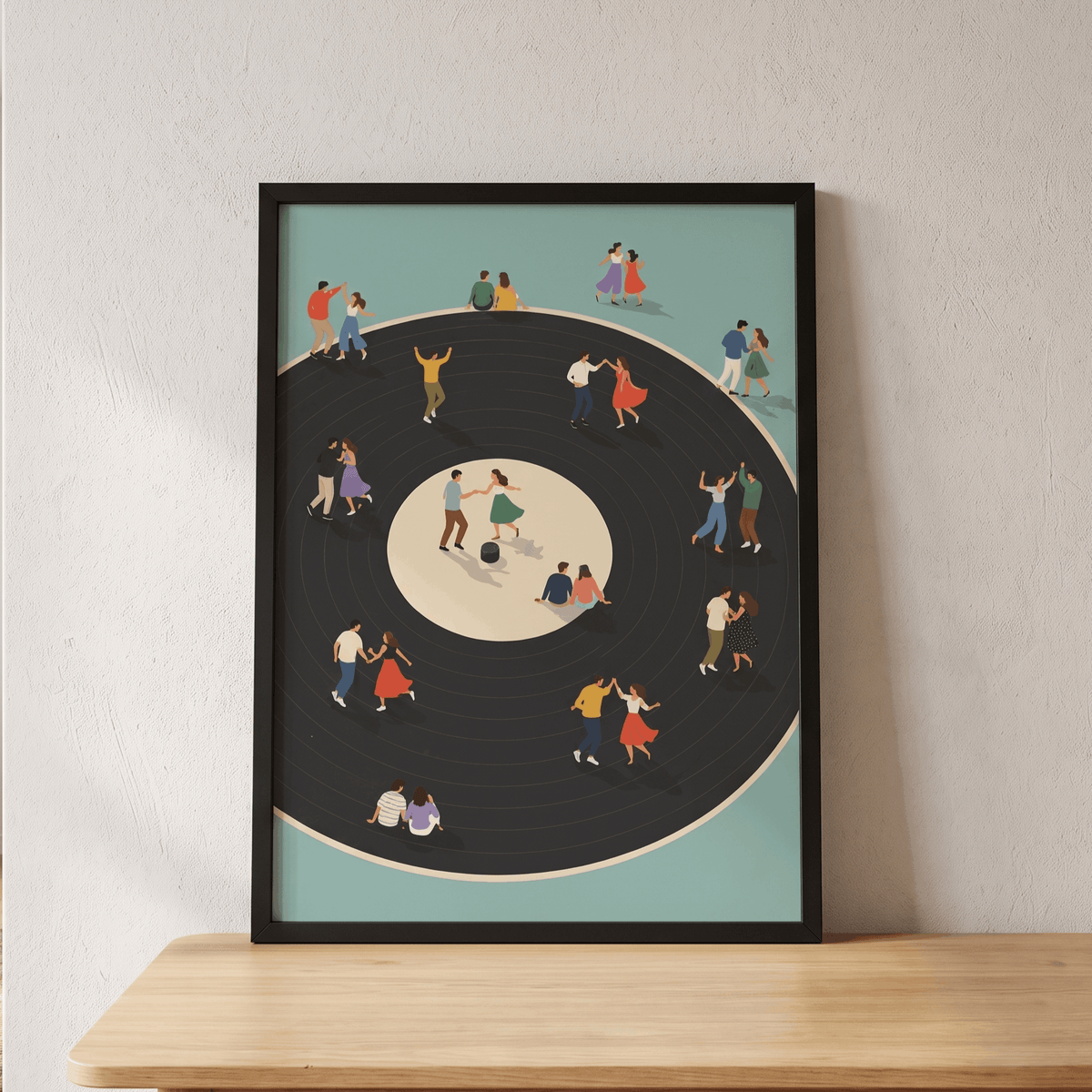 Vinyl Dance Floor Art Print – Retro People Dancing on Vinyl Record Music Wall Art & Framed Aesthetic Decor