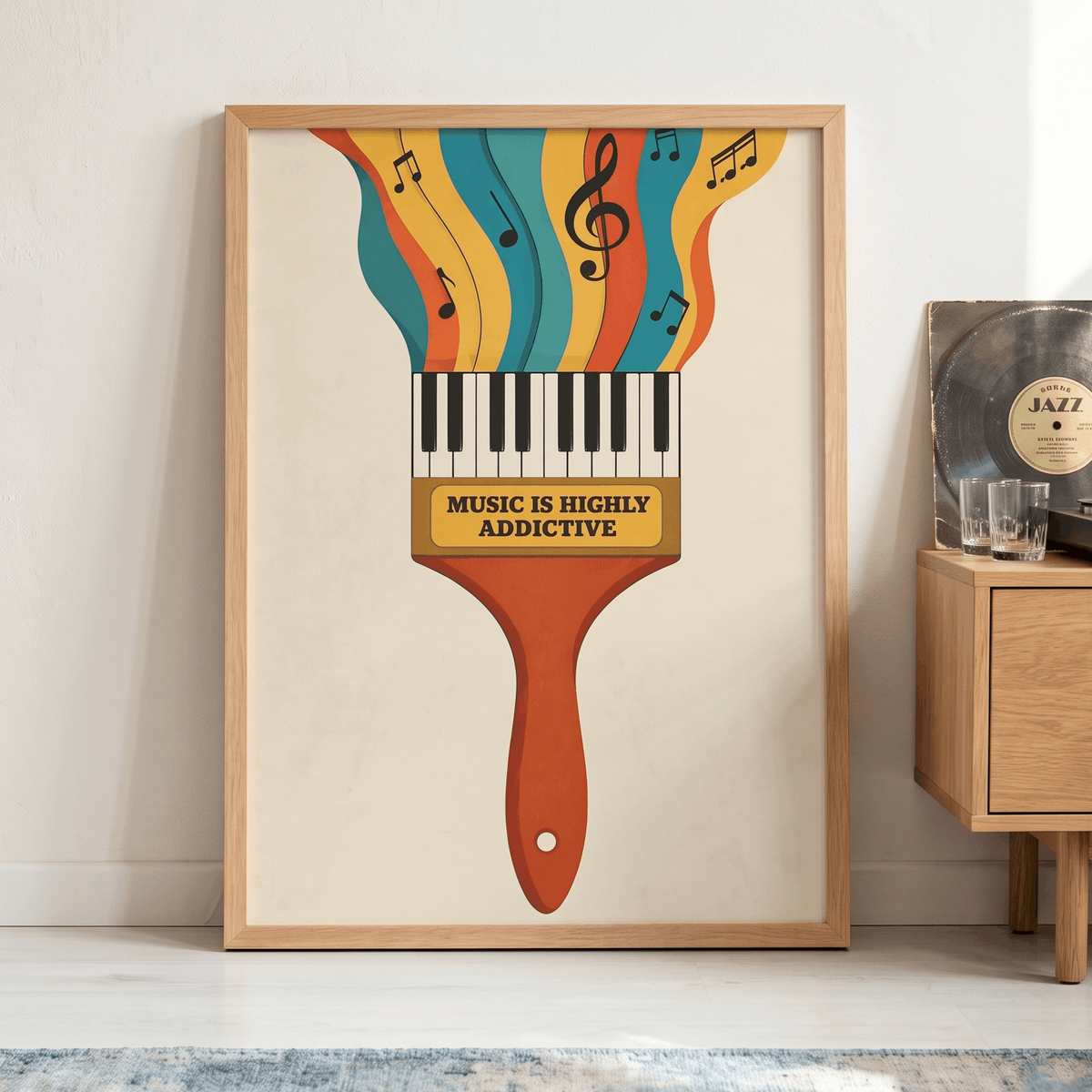 Music Is Highly Addictive Art Print – Retro Paintbrush Piano Music Wall Art & Framed Aesthetic Decor