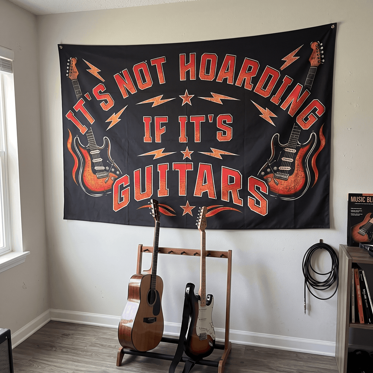 Funny Guitar Wall Tapestry | "It's Not Hoarding If It's Guitars" Music Room Decor & Musician Gift