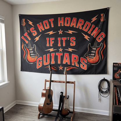 Funny Guitar Wall Tapestry | "It's Not Hoarding If It's Guitars" Music Room Decor & Musician Gift