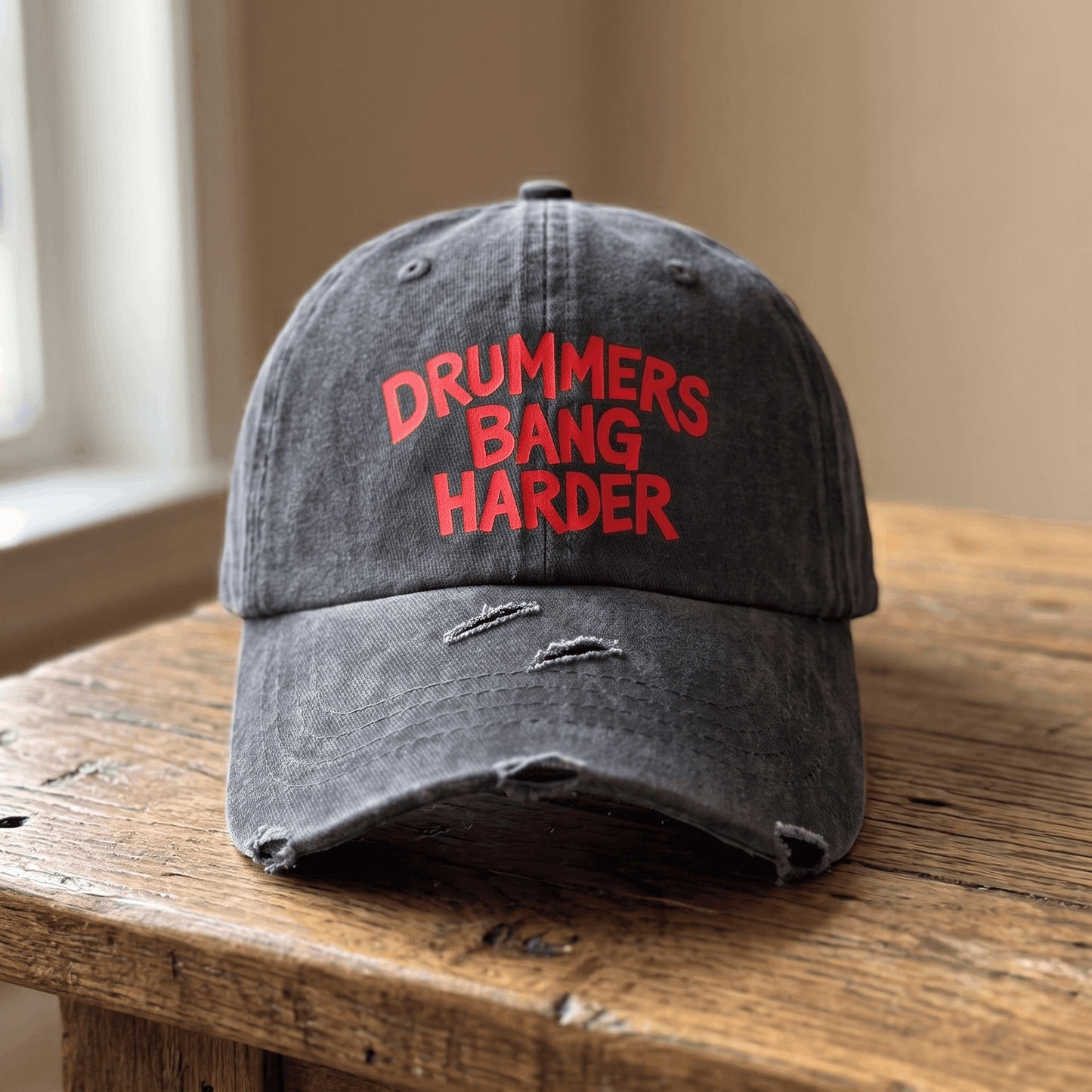 Funny Drummer Dad Hat | "Drummers Bang Harder" Vintage Distressed Washed Baseball Cap