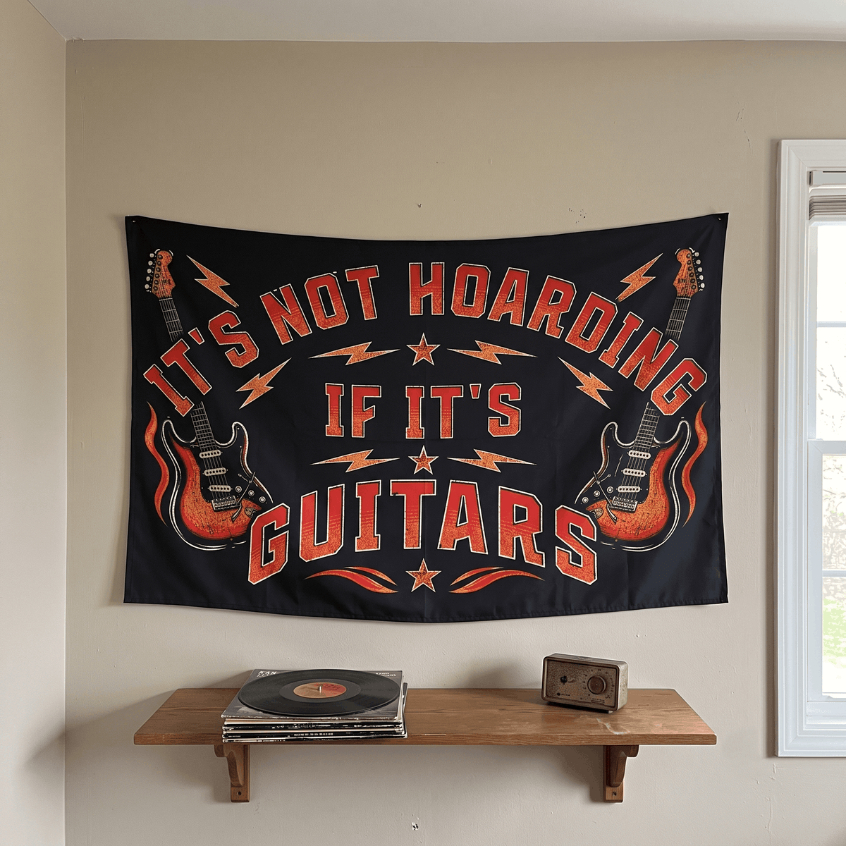 Funny Guitar Wall Tapestry | "It's Not Hoarding If It's Guitars" Music Room Decor & Musician Gift