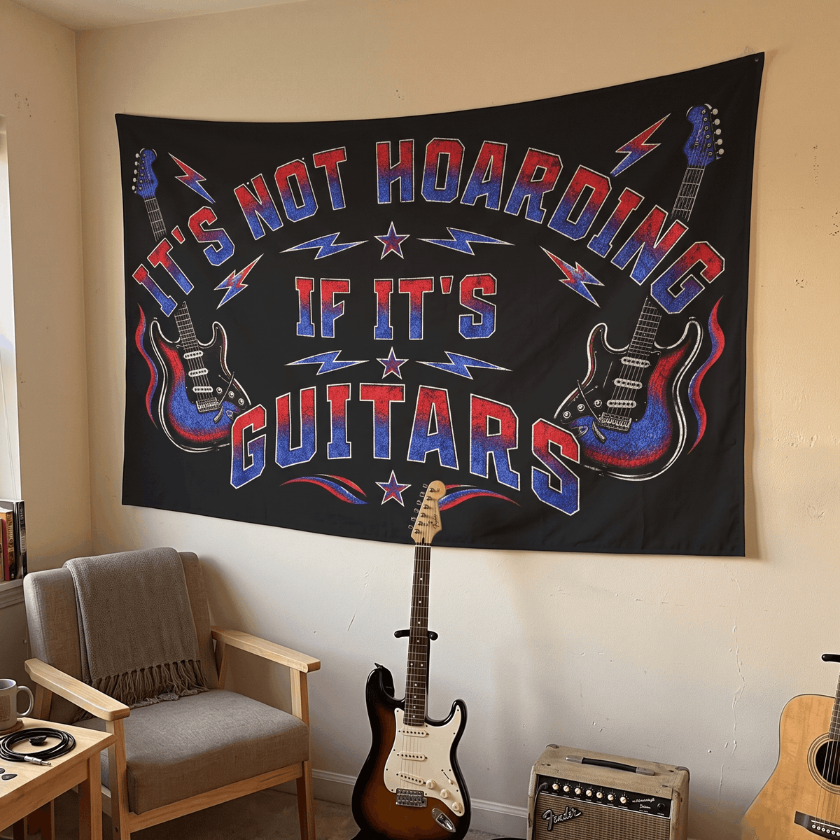 Funny Guitar Wall Tapestry | "It's Not Hoarding If It's Guitars" Music Room Decor & Musician Gift