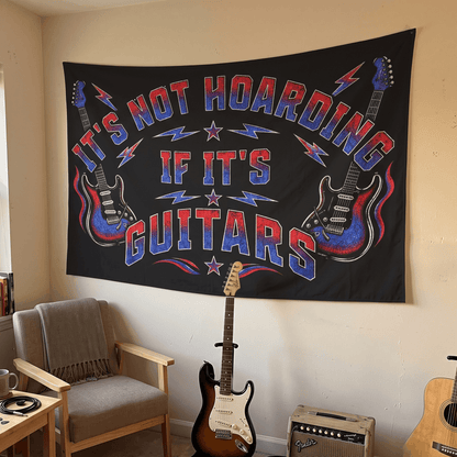 Funny Guitar Wall Tapestry | "It's Not Hoarding If It's Guitars" Music Room Decor & Musician Gift