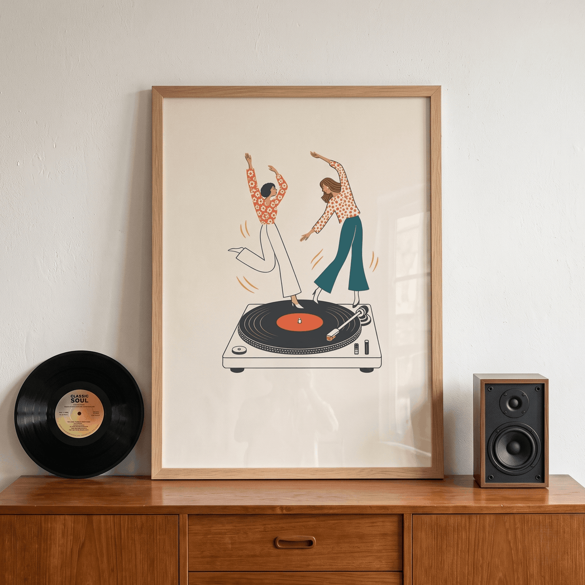 Dancing on Turntable Art Print – Retro Girls Dancing on Vinyl Record Music Wall Art & Framed Aesthetic Decor