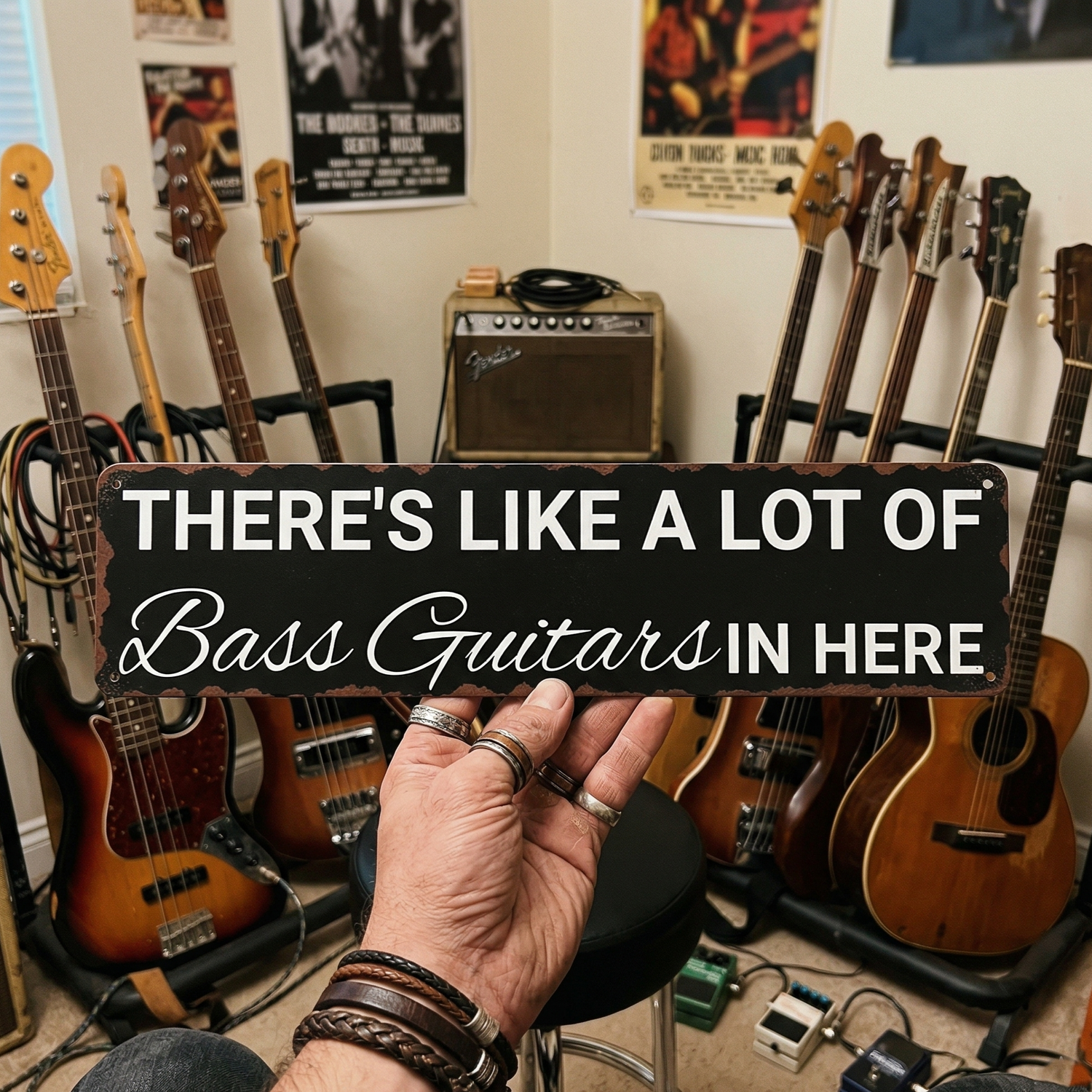 There's Like A Lot Of Bass Guitars In Here Metal Sign | Funny Bass Guitar Decor & Unique Gifts For Bass Players Musician Fusion