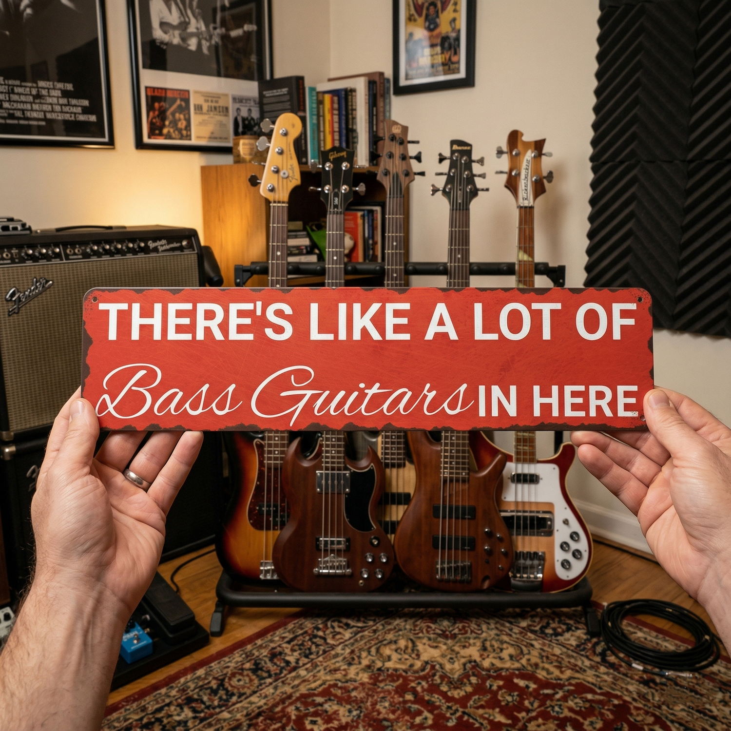 There's Like A Lot Of Bass Guitars In Here Metal Sign | Funny Bass Guitar Decor & Unique Gifts For Bass Players Musician Fusion