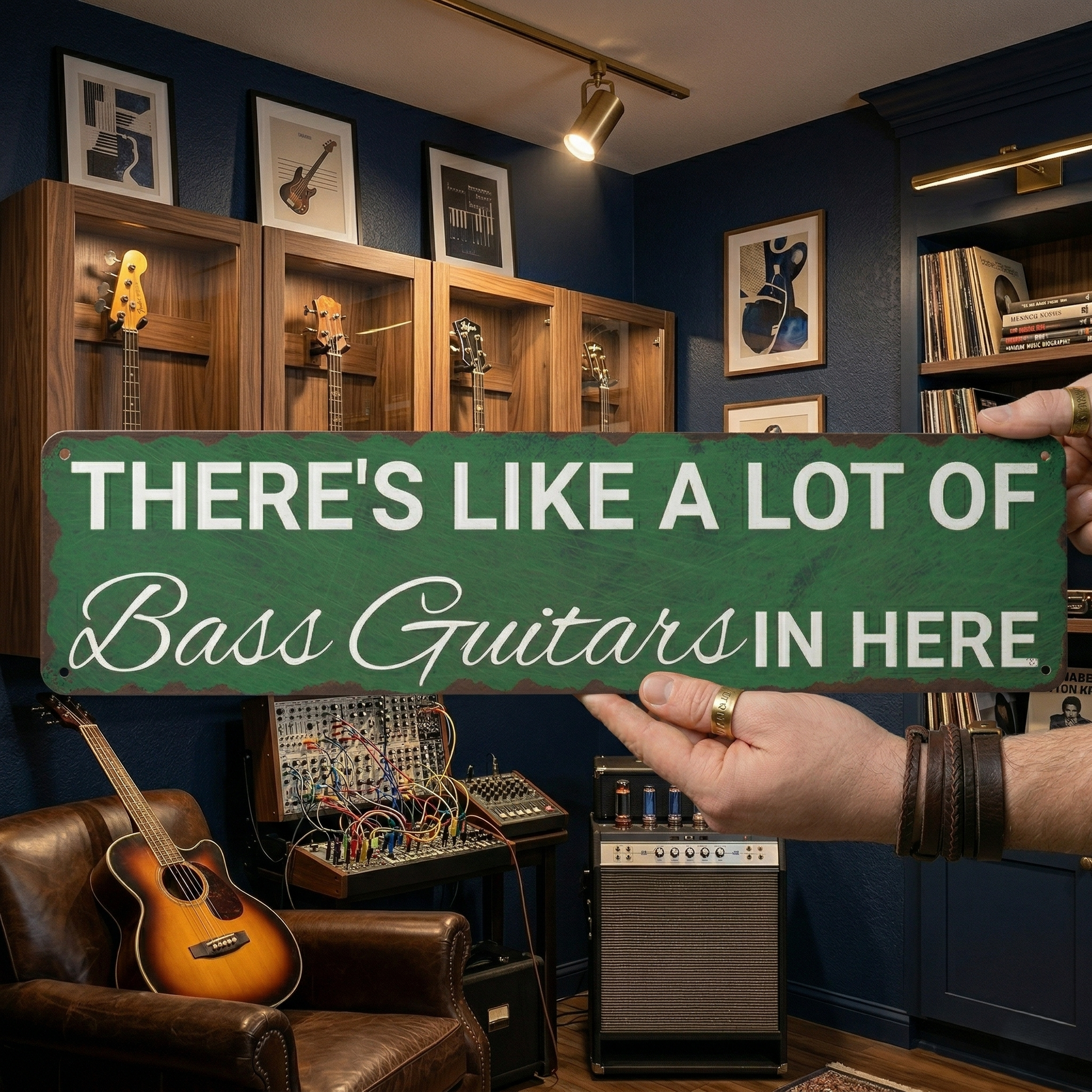 There's Like A Lot Of Bass Guitars In Here Metal Sign | Funny Bass Guitar Decor & Unique Gifts For Bass Players Musician Fusion