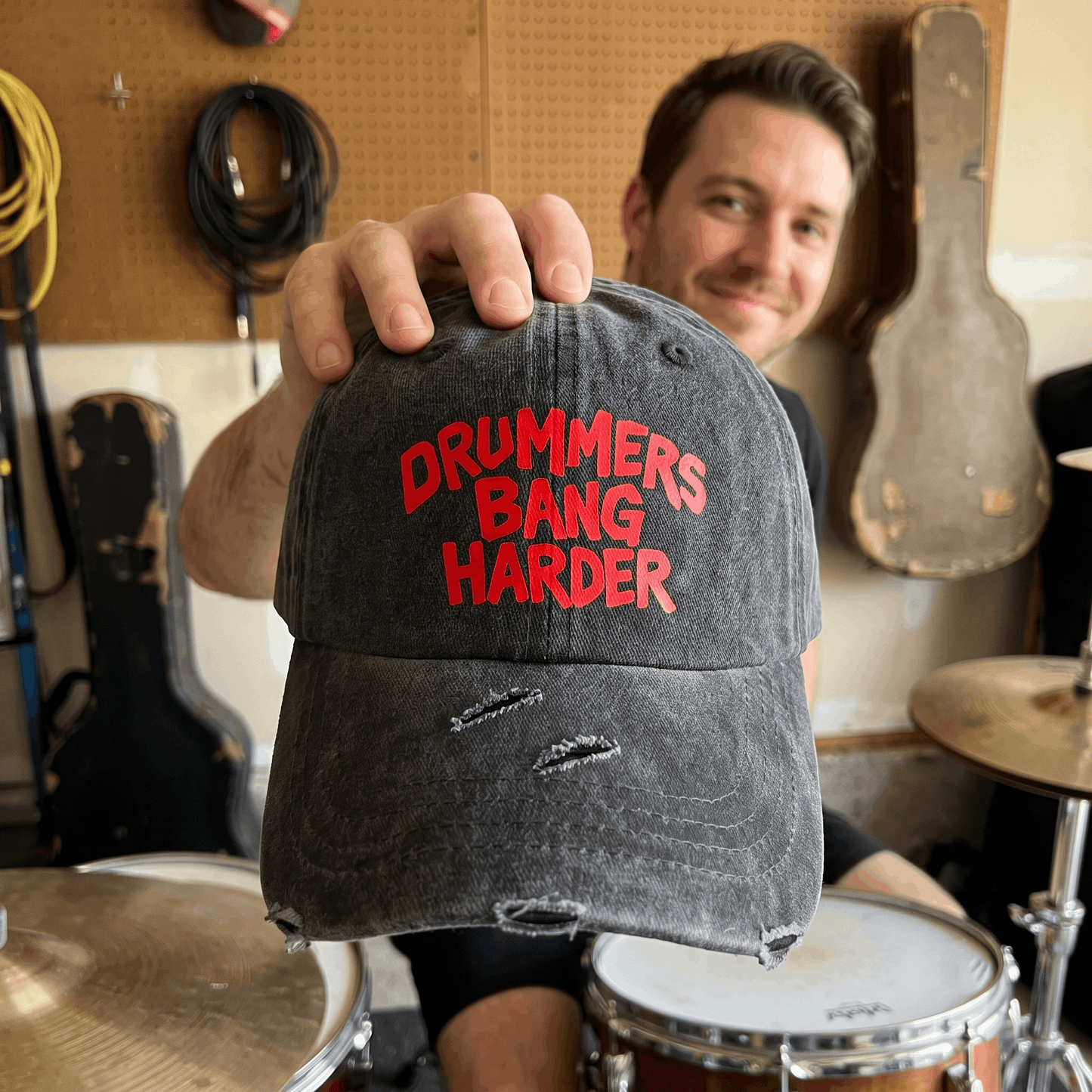 Funny Drummer Dad Hat | "Drummers Bang Harder" Vintage Distressed Washed Baseball Cap