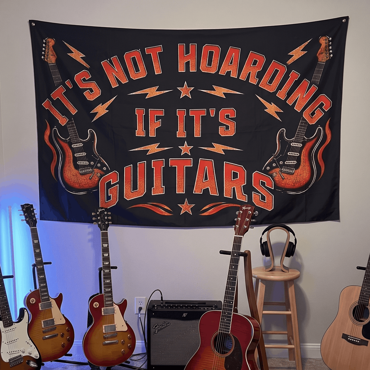 Funny Guitar Wall Tapestry | "It's Not Hoarding If It's Guitars" Music Room Decor & Musician Gift