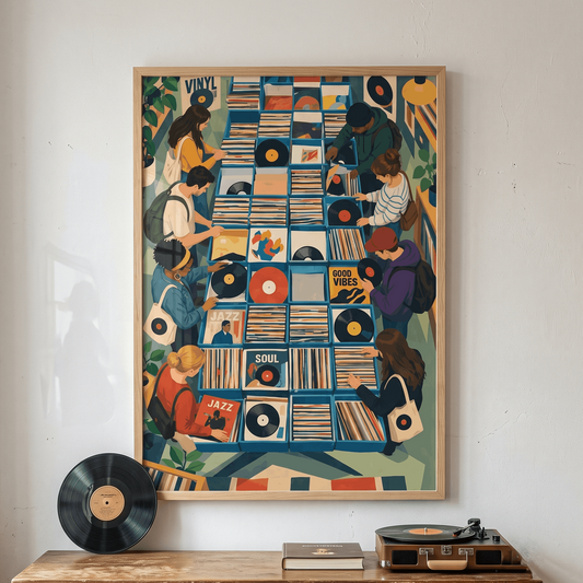 Record Store Crate Digging Art Print – Vintage Indie Music Shop Wall Art & Framed Aesthetic Decor