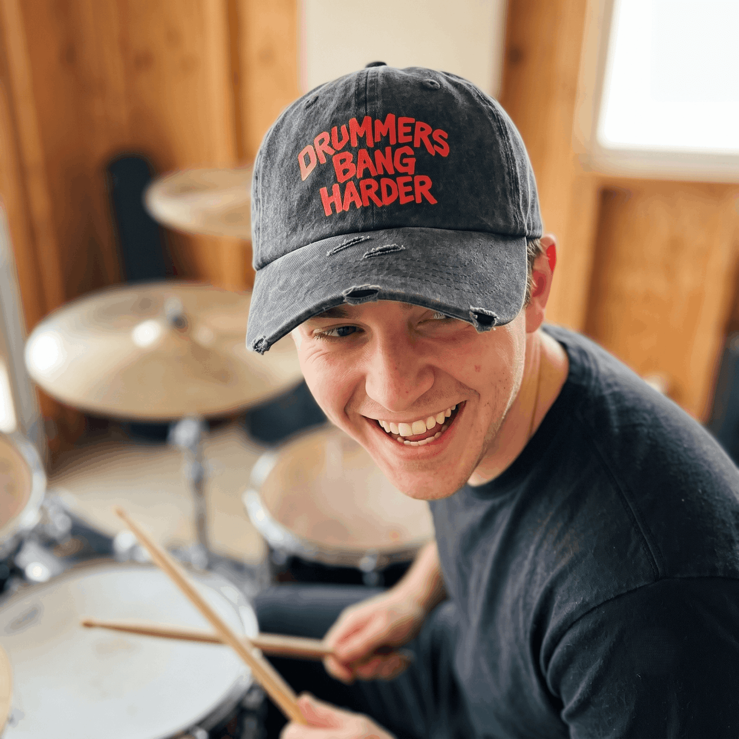 Funny Drummer Dad Hat | "Drummers Bang Harder" Vintage Distressed Washed Baseball Cap