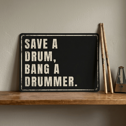 Save a Drum Bang a Drummer Metal Sign | Funny Drummer Gifts & Rock Music Room Wall Decor