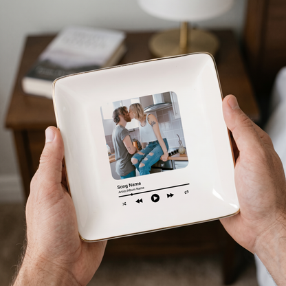 Personalized Anniversary Gift for Husband Wife | Custom Photo Song Jewelry Dish Ceramic Trinket Tray