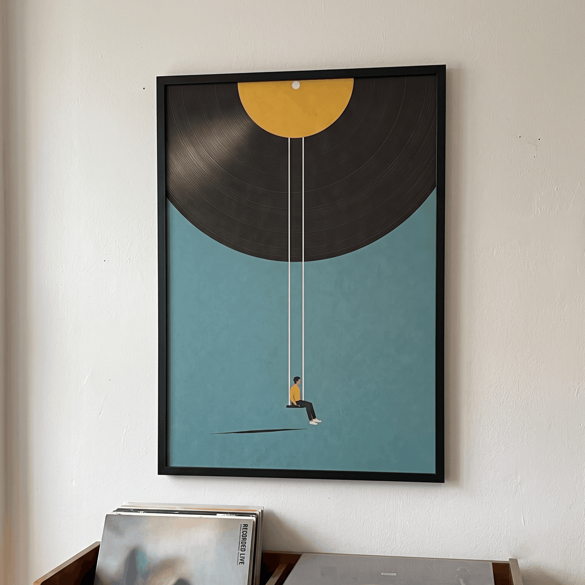 Vinyl Record Swing Art Print – Minimalist Surreal Music Wall Art & Framed Aesthetic Decor