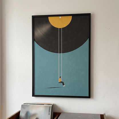 Vinyl Record Swing Art Print – Minimalist Surreal Music Wall Art & Framed Aesthetic Decor