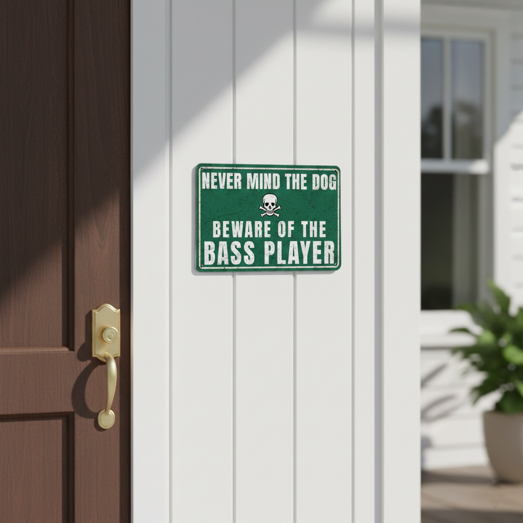 A vintage-style green metal sign with a skull and crossbones icon that reads 'Never mind the dog, beware of the bass player' mounted on a rustic wooden fence.