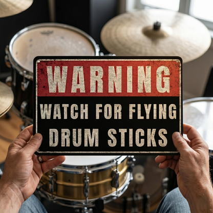 Watch for Flying Drum Sticks Metal Sign | Funny Drummer Gifts & Studio Room Warning Decor Plaque Musician Fusion