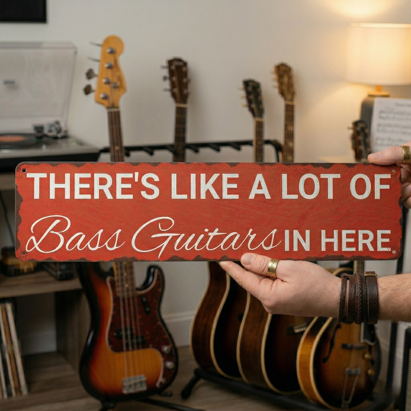 There's Like A Lot Of Bass Guitars In Here Metal Sign | Funny Bass Guitar Decor & Unique Gifts For Bass Players Musician Fusion
