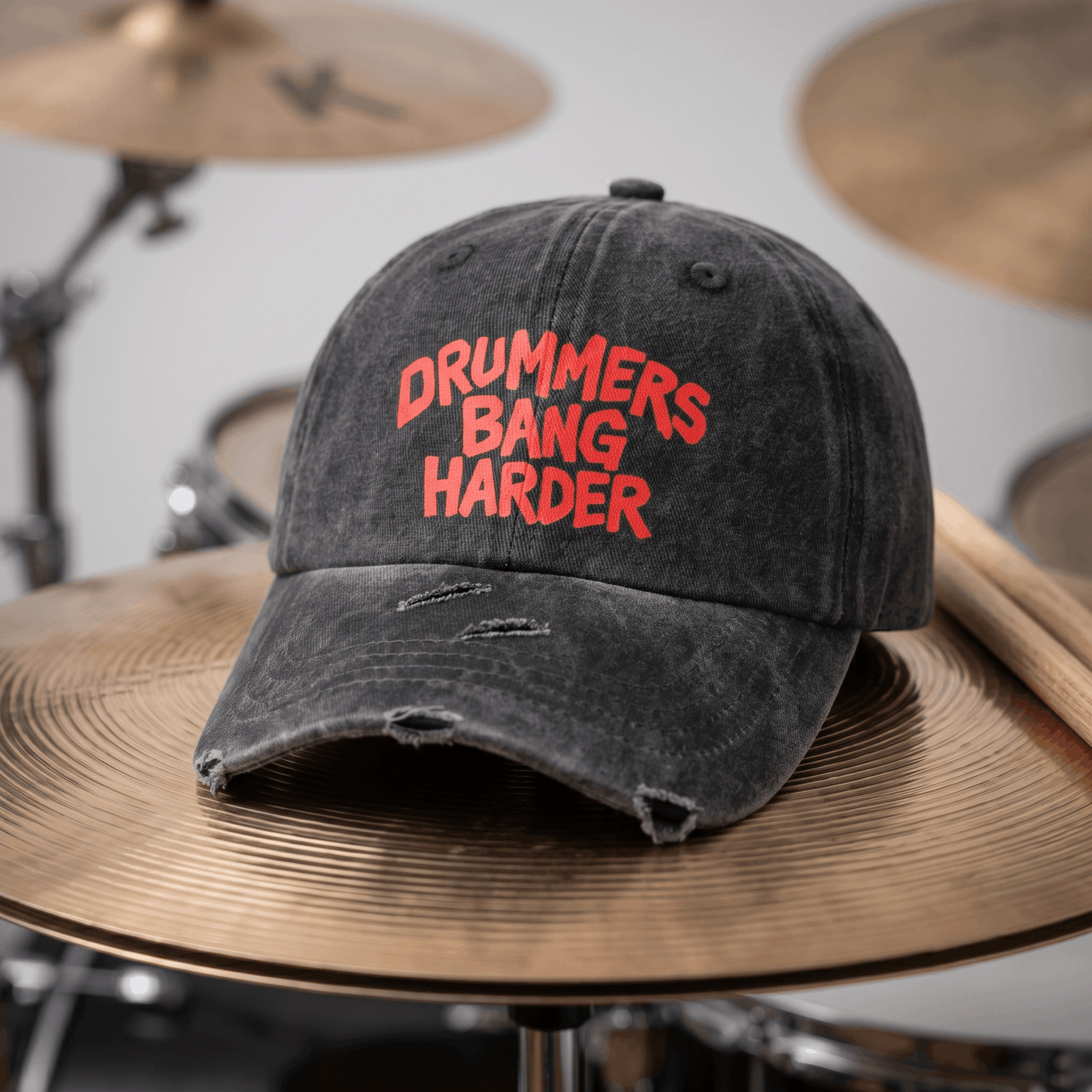 Funny Drummer Dad Hat | "Drummers Bang Harder" Vintage Distressed Washed Baseball Cap