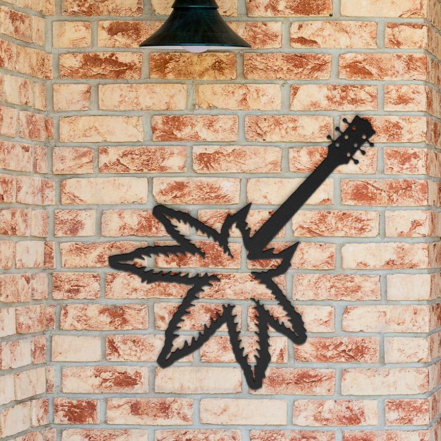 Leaf_Guitar_Metal_Sign_Black_Brick_Entrance_Mockup.png