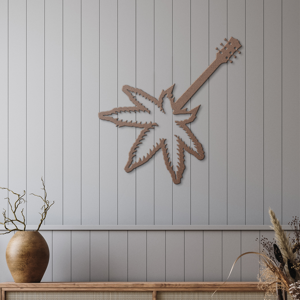 Leaf_Guitar_Metal_Sign_Copper_Rustic_Hallway_Mockup.png