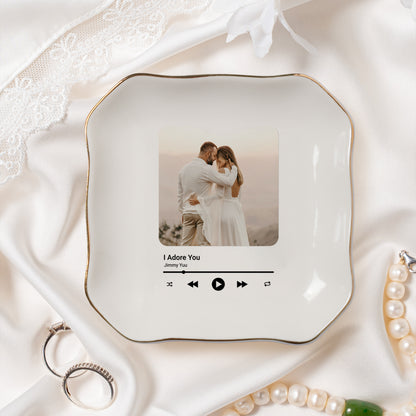 Personalized Anniversary Gift for Husband Wife | Custom Photo Song Jewelry Dish Ceramic Trinket Tray