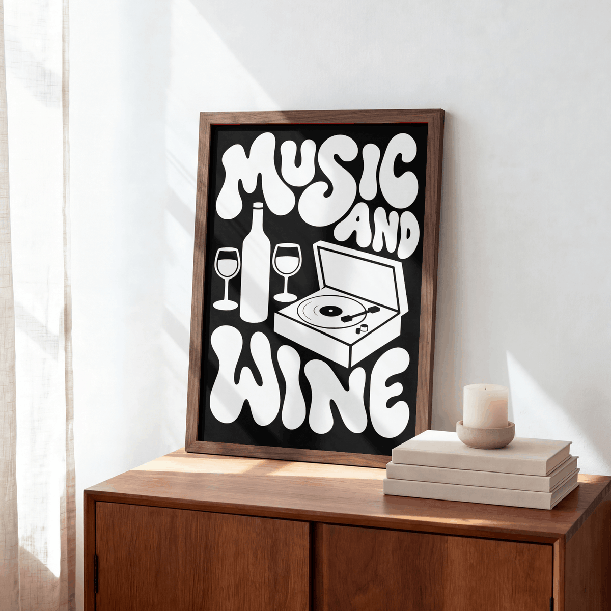Music And Wine Art Print – Retro 70s Typography Kitchen Bar Wall Art & Framed Aesthetic Decor