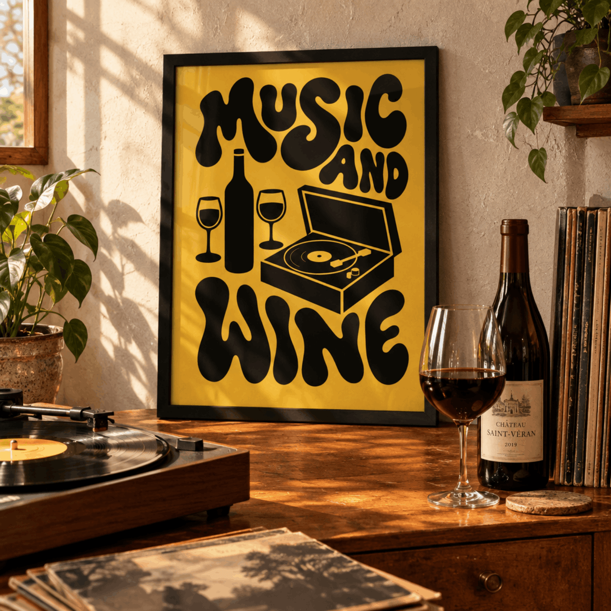 Music And Wine Art Print – Retro 70s Typography Kitchen Bar Wall Art & Framed Aesthetic Decor