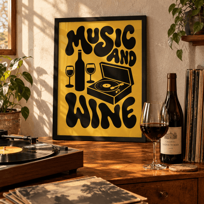 Music And Wine Art Print – Retro 70s Typography Kitchen Bar Wall Art & Framed Aesthetic Decor