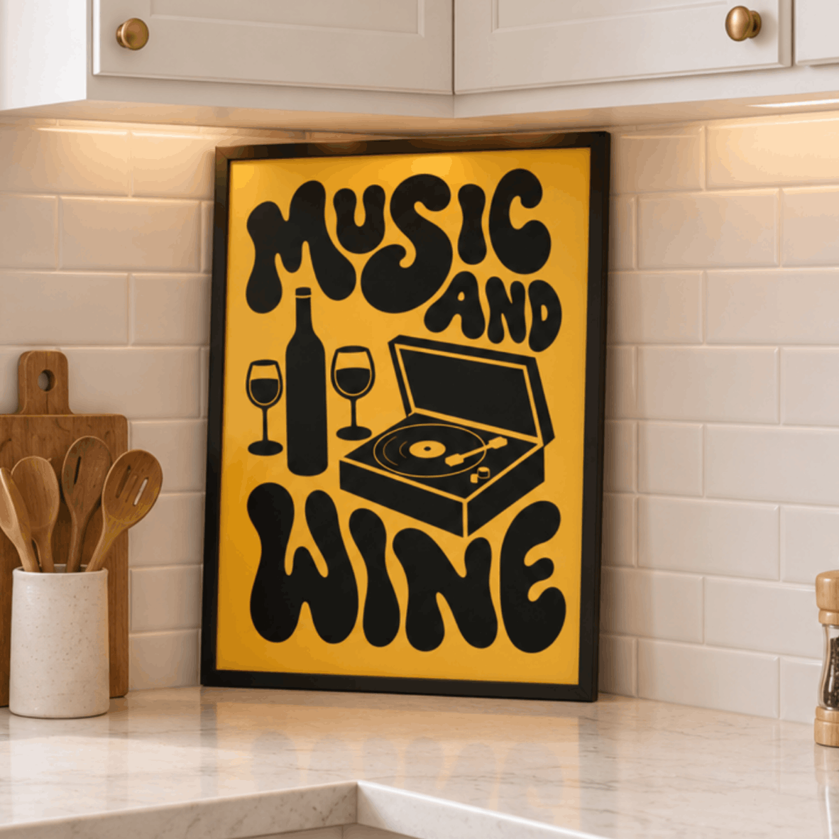Music And Wine Art Print – Retro 70s Typography Kitchen Bar Wall Art & Framed Aesthetic Decor