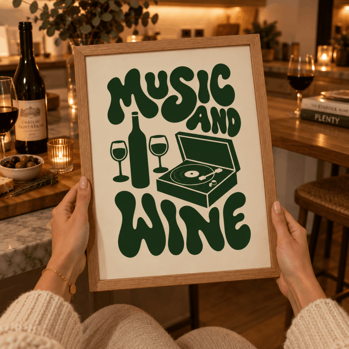 Music And Wine Art Print – Retro 70s Typography Kitchen Bar Wall Art & Framed Aesthetic Decor