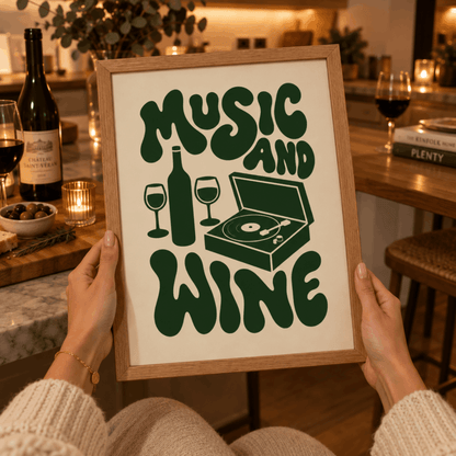 Music And Wine Art Print – Retro 70s Typography Kitchen Bar Wall Art & Framed Aesthetic Decor
