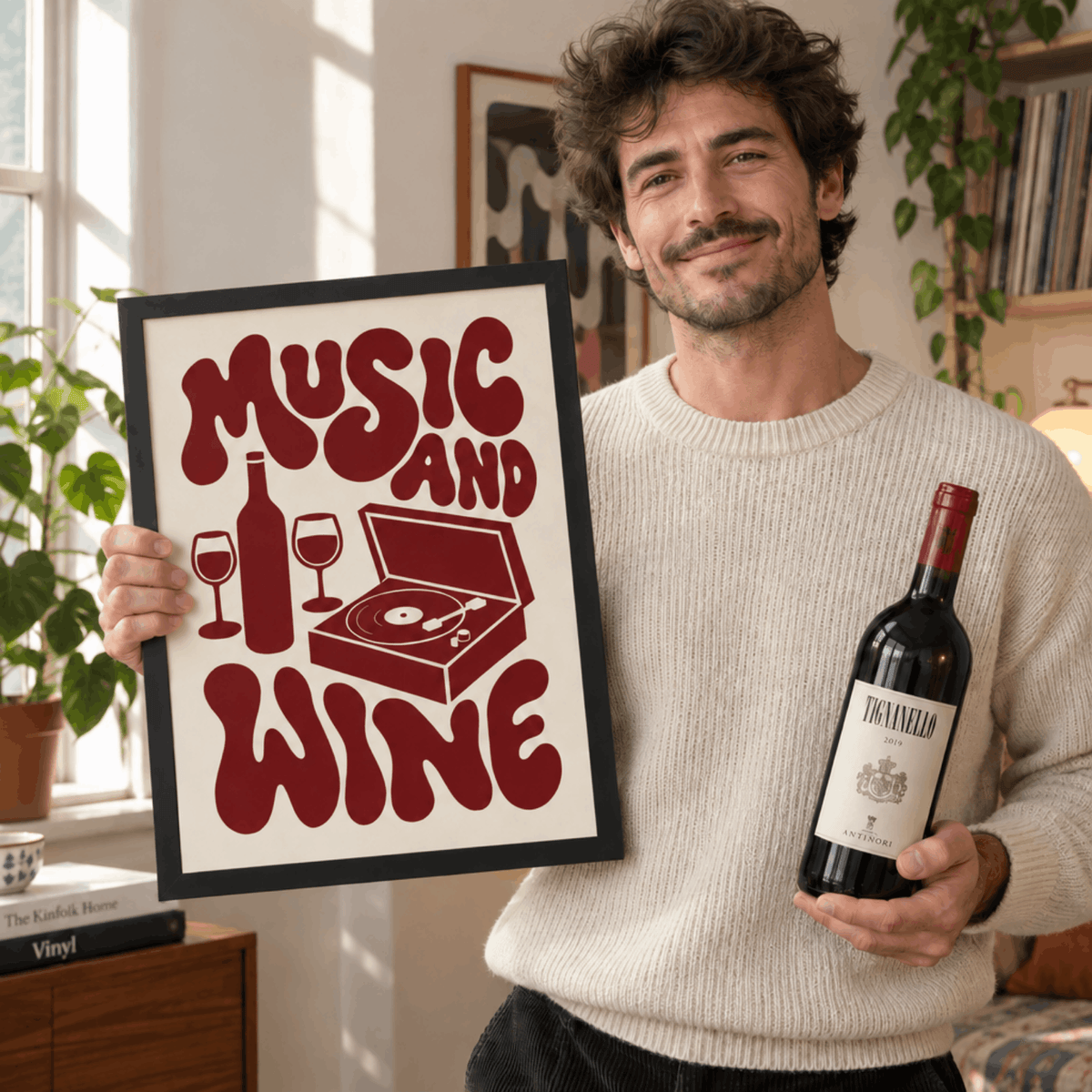 Music And Wine Art Print – Retro 70s Typography Kitchen Bar Wall Art & Framed Aesthetic Decor