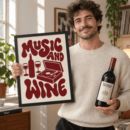 Music And Wine Art Print – Retro 70s Typography Kitchen Bar Wall Art & Framed Aesthetic Decor