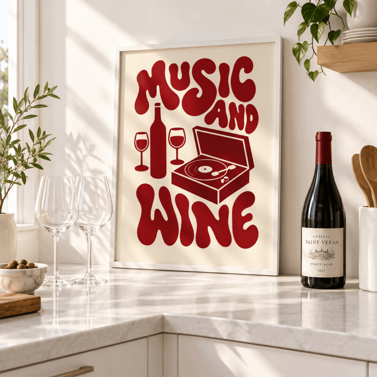 Music And Wine Art Print – Retro 70s Typography Kitchen Bar Wall Art & Framed Aesthetic Decor
